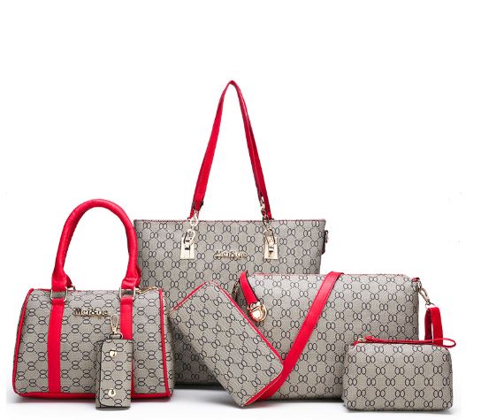 Image of a six-piece set with red trim, including a Full-size duffle purse with attached handle/strap, a full-size purse with strap (detachable), clutch bag wallet (standard size) card and key wallet
