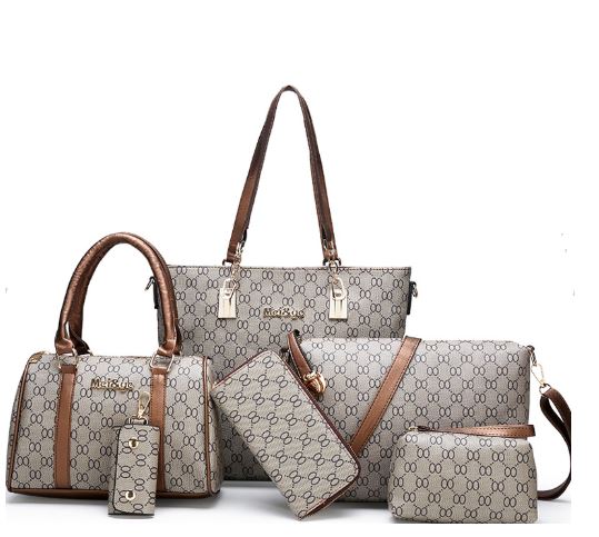 Image of a six-piece set with brown trim, including a Full-size duffle purse with attached handle/strap, a full-size purse with strap (detachable), clutch bag wallet (standard size) card and key wallet