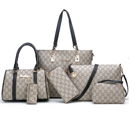 Image of a six-piece set with black trim, including a Full-size duffle purse with attached handle/strap, a full-size purse with strap (detachable), clutch bag wallet (standard size) card and key wallet