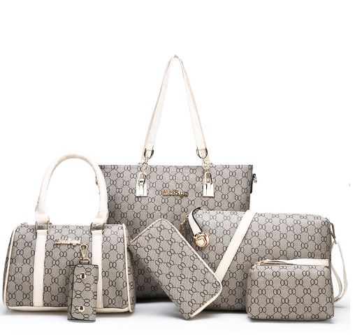 Image of a six-piece set with white trim, including a Full-size duffle purse with attached handle/strap, a full-size purse with strap (detachable), clutch bag wallet (standard size) card and key wallet
