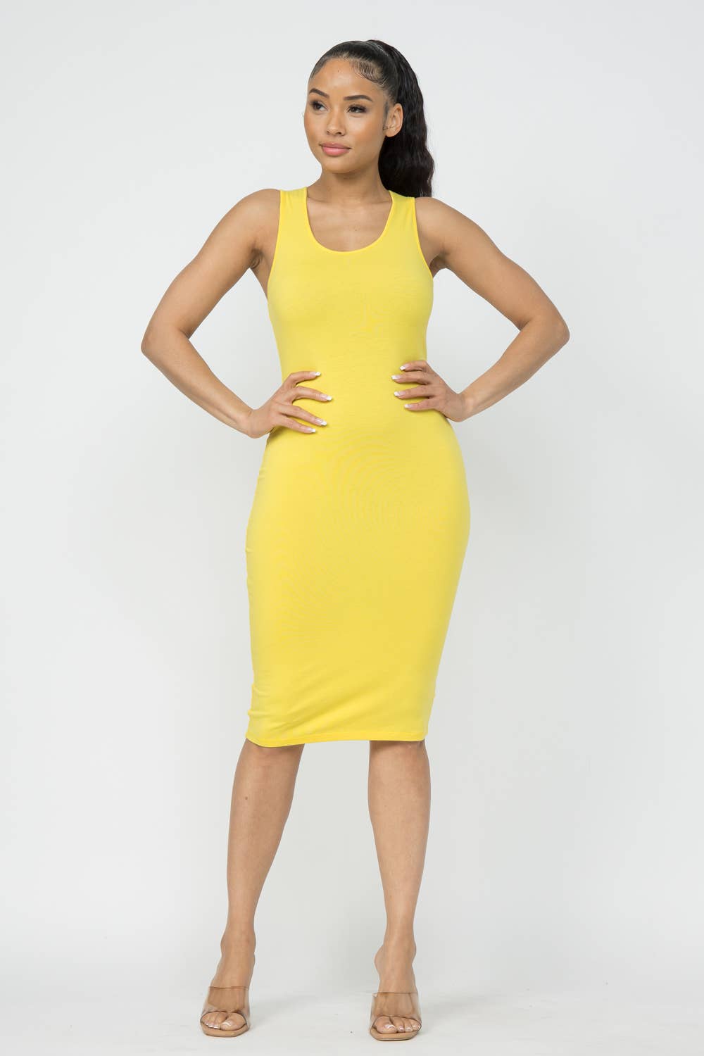 Cotton Spandex Solid Sleeveless Tank Bodycon Midi Dress