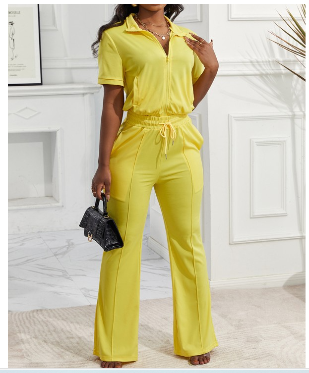 2-piece Short Sleeve Zip Top and Pant Set, Yellow