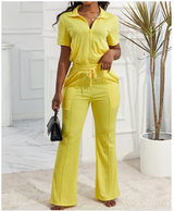 2-piece Short Sleeve Zip Top and Pant Set, Yellow