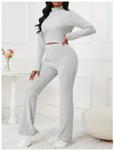 2-piece Ribbed Mock-Neck Top & High Waist Pants Set, Light Grey