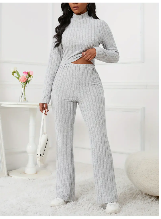 2-piece Ribbed Mock-Neck Top & High Waist Pants Set, Light Grey