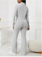 2-piece Ribbed Mock-Neck Top & High Waist Pants Set, Light Grey