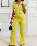 2-piece Short Sleeve Zip Top and Pant Set, Yellow