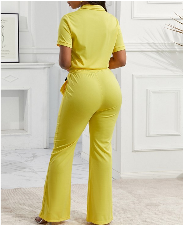 2-piece Short Sleeve Zip Top and Pant Set, Yellow