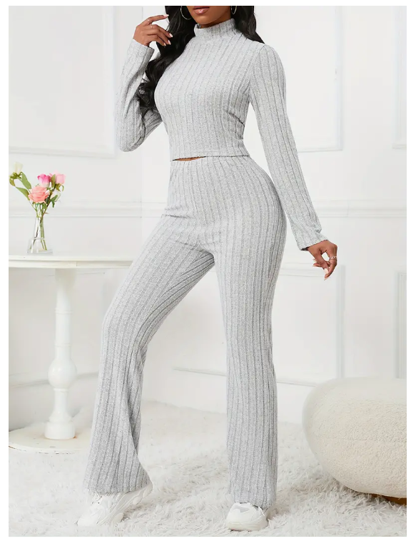 2-piece Ribbed Mock-Neck Top & High Waist Pants Set, Light Grey