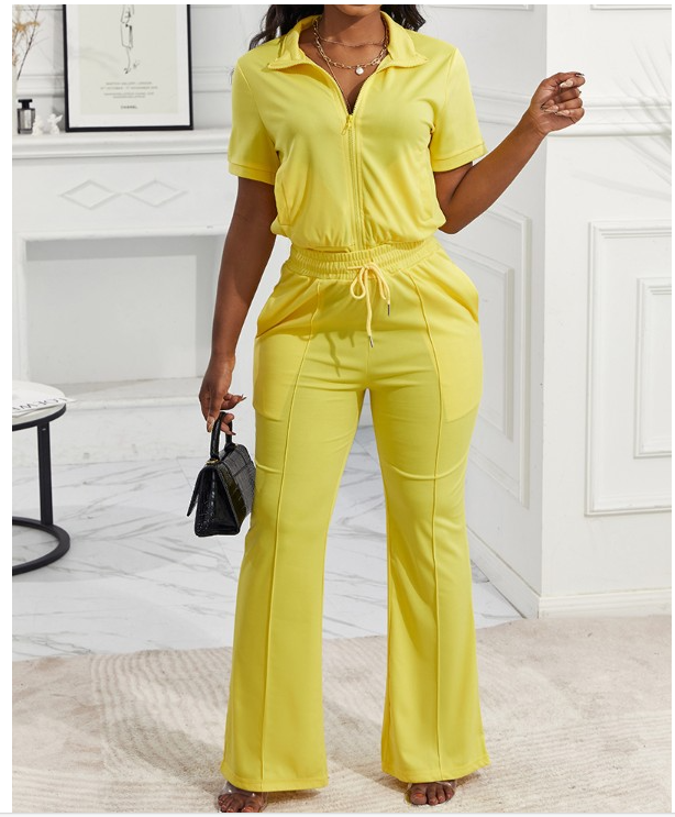 2-piece Short Sleeve Zip Top and Pant Set, Yellow