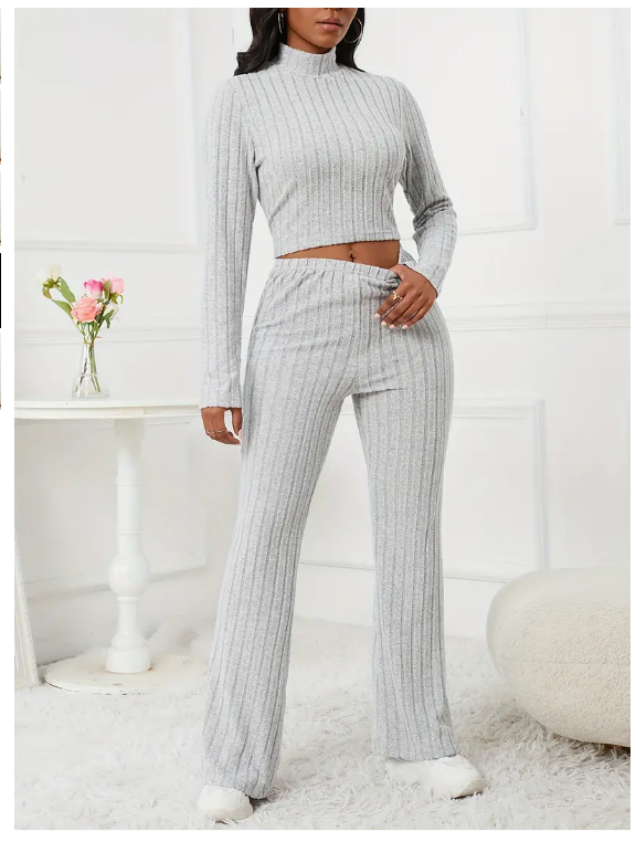 2-piece Ribbed Mock-Neck Top & High Waist Pants Set, Light Grey