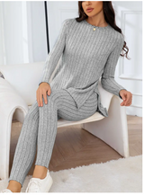 2-piece Ribbed Split Hem Top & Pants Set, Light Grey