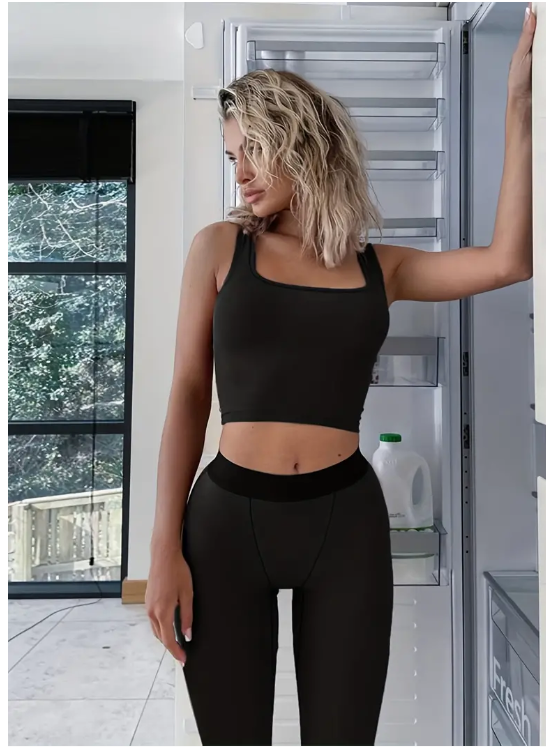 2-piece Crop Tank & Legging Pants Set, Black