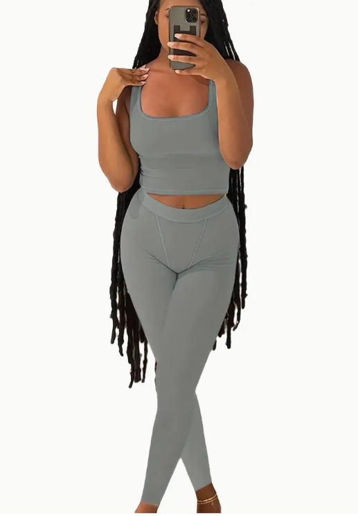 2-piece Crop Tank & Legging Pants Set, Silver Grey