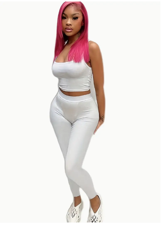 2-piece Crop Tank & Legging Pants Set, White