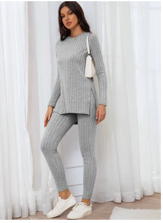 2-piece Ribbed Split Hem Top & Pants Set, Light Grey