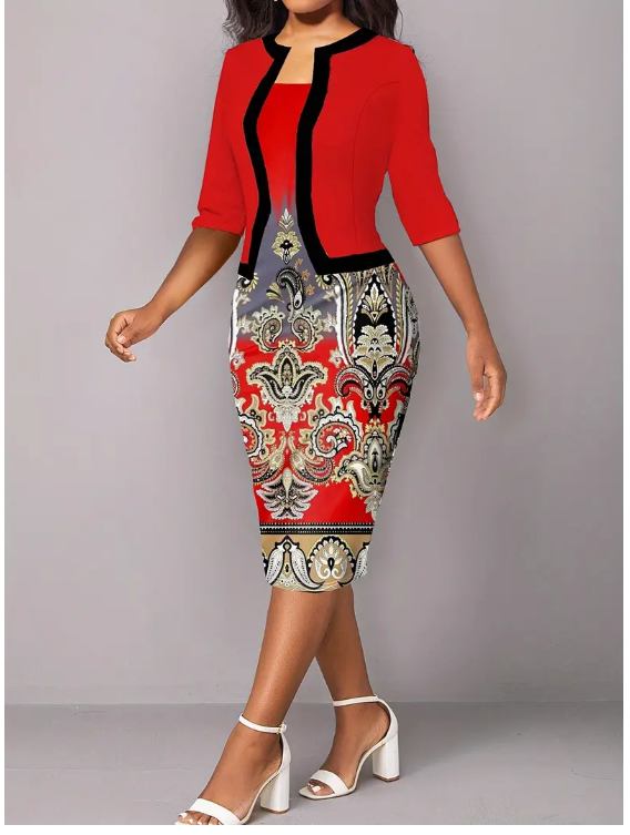 2 Pc Dress Set with open front Jacket, Red