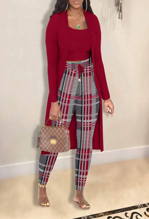 3 pc Cami Top & Plaid Print Pants Set with Longline Coat