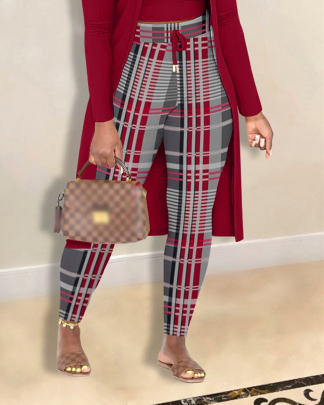 3 pc Cami Top & Plaid Print Pants Set with Longline Coat