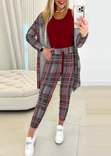 3 pc Tank Top and Plaid Print Drawstring Pants Set with Coat