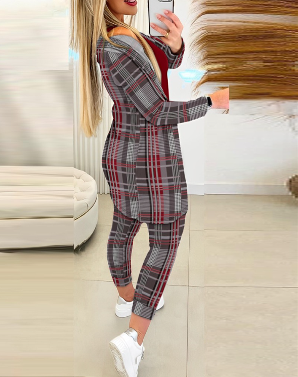 3 pc Tank Top and Plaid Print Drawstring Pants Set with Coat