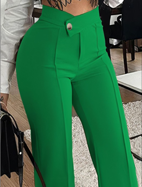 Cross-button, Straight Leg Everyday Pants, Green