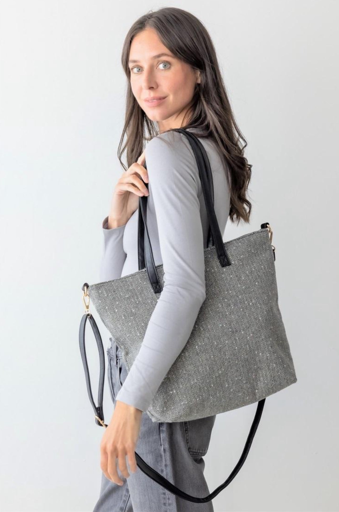 Herringbone (Silver Gray) Tote Handbag (includes crossbody bag)