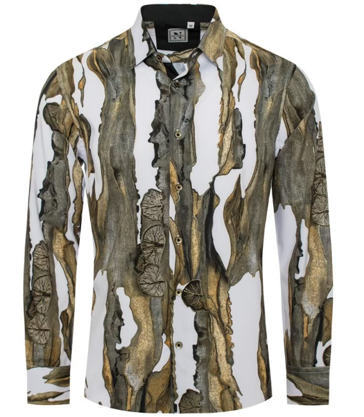 Men's Metallic White & Green, long sleeve button down shirt