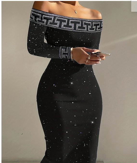 Off-the-Shoulder Rhinestone Glitter Dress, Black