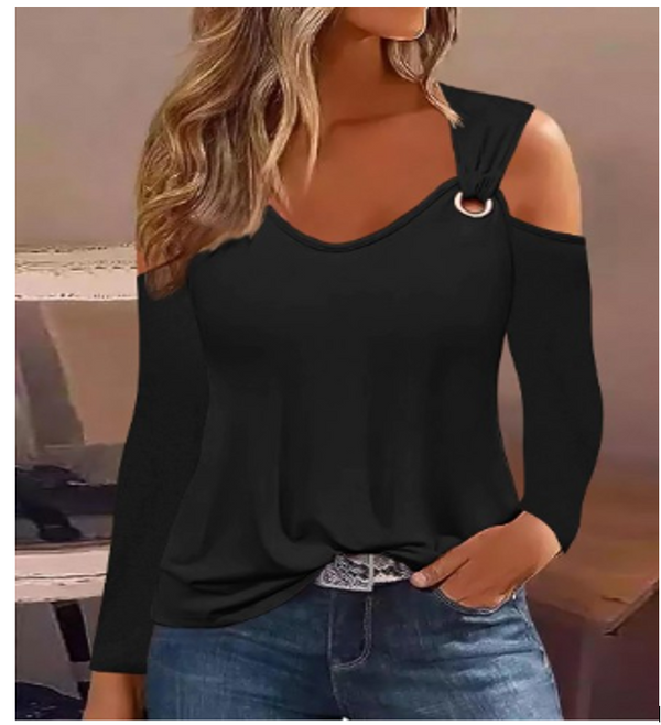 Open Shoulder DOUBLE BUCKLE Blouse, Black