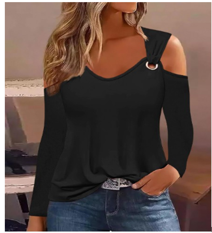 Open Shoulder DOUBLE BUCKLE Blouse, Black