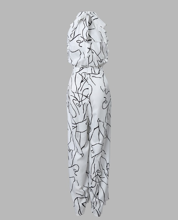 Spiral Print Wide Leg Jumpsuit, White