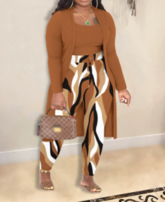 Plus Size 3 pc Cami Top & Abstract Print Pant Set with Coat