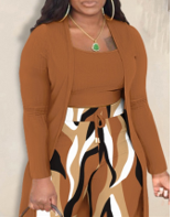 Plus Size 3 pc Cami Top & Abstract Print Pant Set with Coat