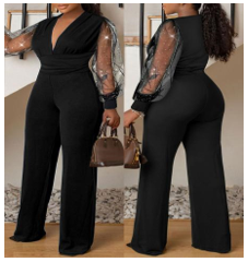 Plus Size Lace Sleeve Jumpsuit, Black