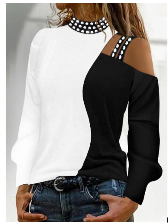 Rhinestone Collar Off- Shoulder Top, B&W