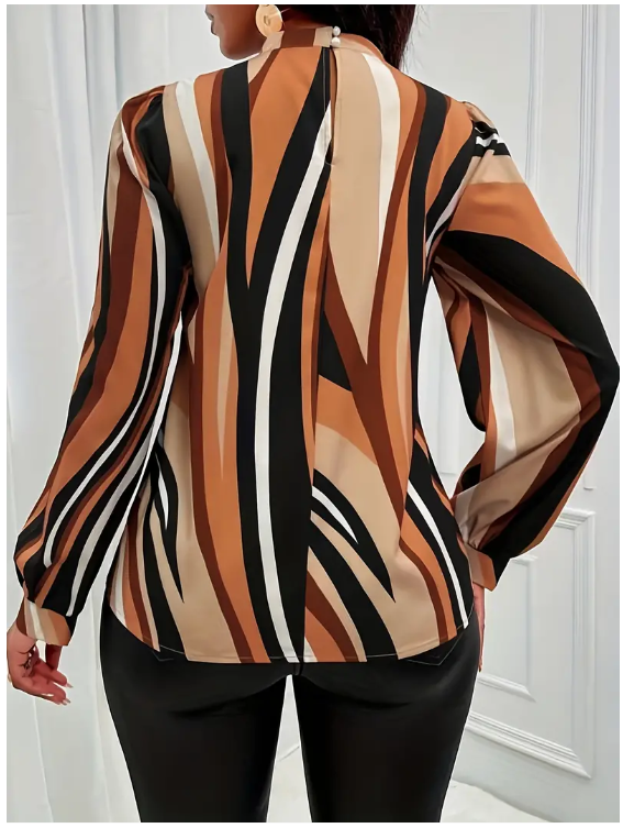 Striped Mock Neck Sleeved Blouse