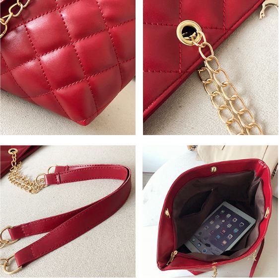 Image of a open ladies red quilted pattern leather shoulder tote-bag, displaying a Ipad inside. 