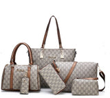  Image of a six-piece set with brown trim,  including a Full-size duffle purse with attached handle/strap, a  full-size purse with strap (detachable), clutch bag wallet (standard size) card and key wallet 