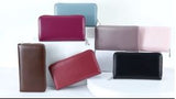 Image of multiple women's leather clutch wallets with anti-theft RFID feature 7 Colors in wine, pink, brown, black, blue, gray, slate