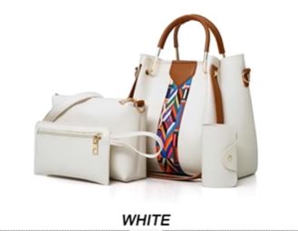 Image of a white four-piece purse set with tribal print trim, including a large tote Bag, a large shoulder bag, a wallet-sized accessory bag, and a cardholder wallet. 