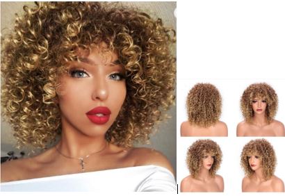 This is an image of a woman wearing a blonde curly haired wig next to an  image of a mannequin also wearing the same wig .