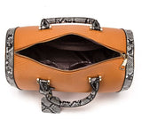 Image of the top view of a open brown snake skin leather purse bag