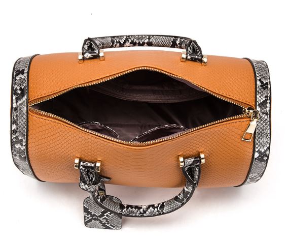 Image of the top view of a open brown snake skin leather purse bag