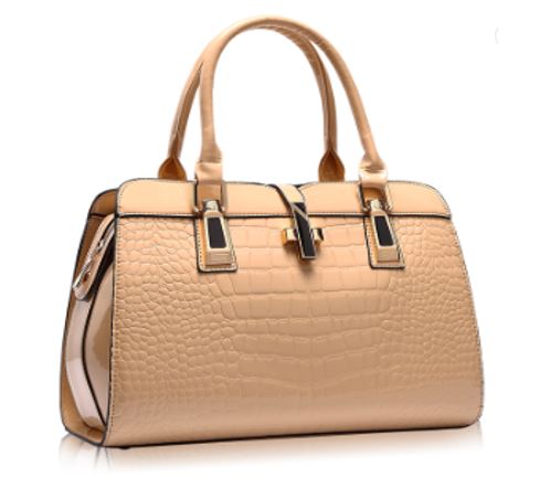 Image of a women's designer crocodile gold patent leather handbag.