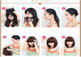 Image of multiple images detailing how to put on a wig. 