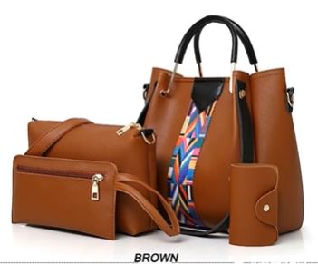 Image of a brown four-piece purse set with tribal print trim, including a large tote Bag, a large shoulder bag, a wallet-sized accessory bag, and a cardholder wallet. 