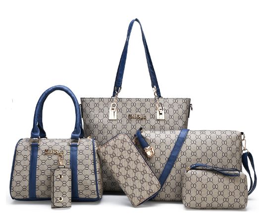  Image of a six-piece set with blue trim,  including a Full-size duffle purse with attached handle/strap, a  full-size purse with strap (detachable), clutch bag wallet (standard size) card and key wallet 