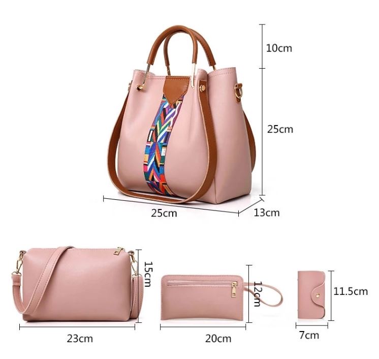 Image of a pink four-piece purse set with tribal print trim, including a large tote Bag, a large shoulder bag, a wallet-sized accessory bag, and a cardholder wallet and their measurements 