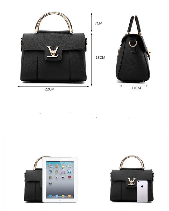 Image of a women's black leather shoulder bags. It also compares the bag to the size of an iphone and ipad.